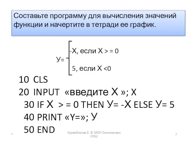 Составьте программу для вычисления значений функции и начертите в тетради ее