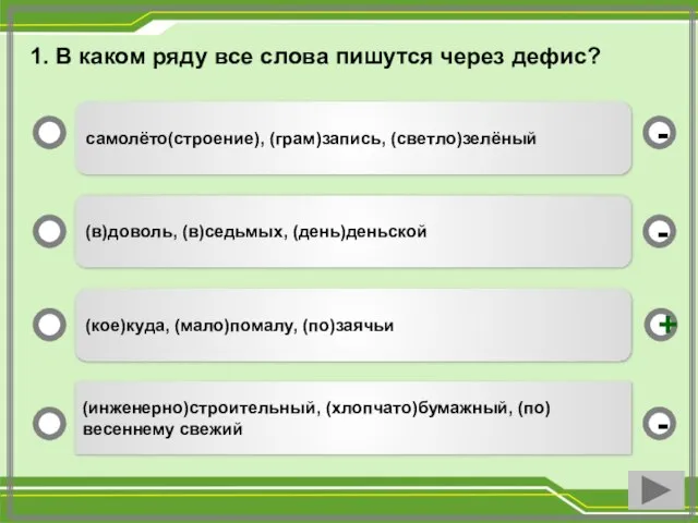 самолёто(строение), (грам)запись, (светло)зелёный (в)доволь, (в)седьмых, (день)деньской (кое)куда, (мало)помалу, (по)заячьи (инженерно)строительный, (хлопчато)бумажный,