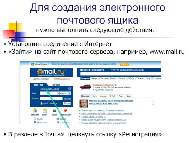 Для создания электронного почтового ящика нужно выполнить следующие действия: Установить соединение