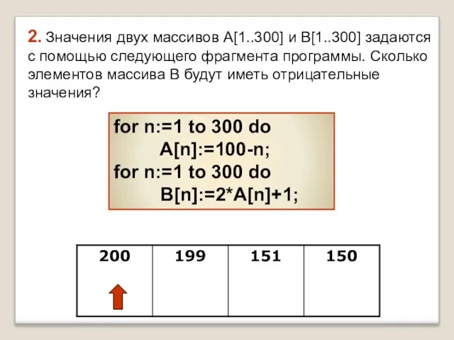 2. Значения двух массивов A[1..300] и B[1..300] задаются с помощью следующего
