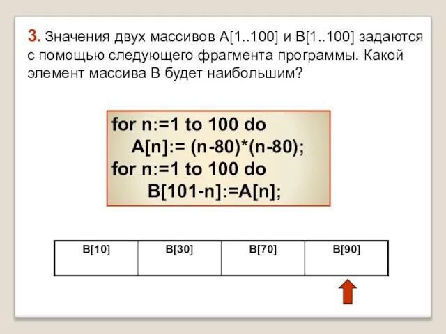 3. Значения двух массивов A[1..100] и B[1..100] задаются с помощью следующего