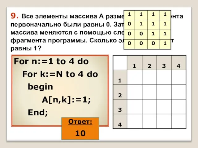 9. Все элементы массива А размером 4х4 элемента первоначально были равны