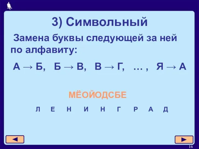 3) Символьный Замена буквы следующей за ней по алфавиту: А →