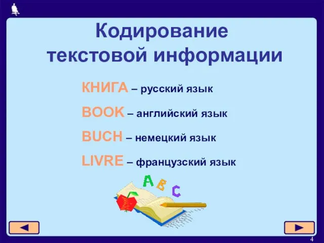 Кодирование текстовой информации КНИГА – русский язык BOOK – английский язык