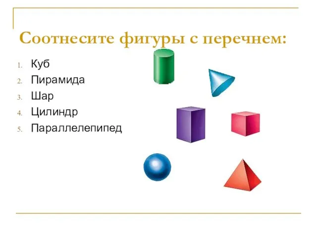 Соотнесите фигуры с перечнем: Куб Пирамида Шар Цилиндр Параллелепипед