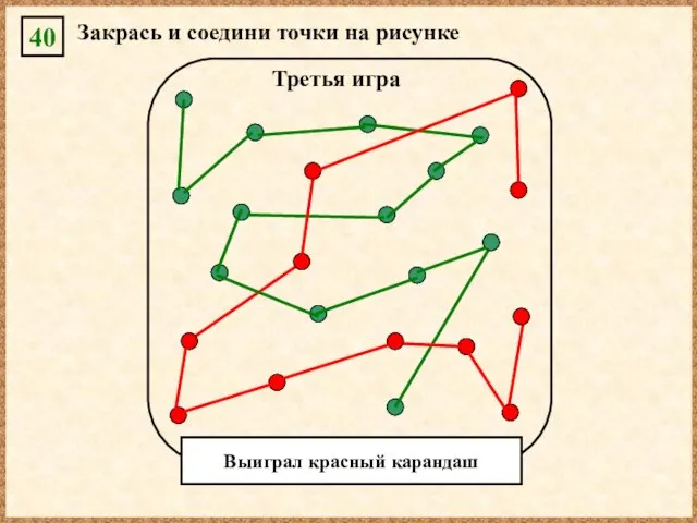 40 Закрась и соедини точки на рисунке Третья игра Выиграл красный карандаш