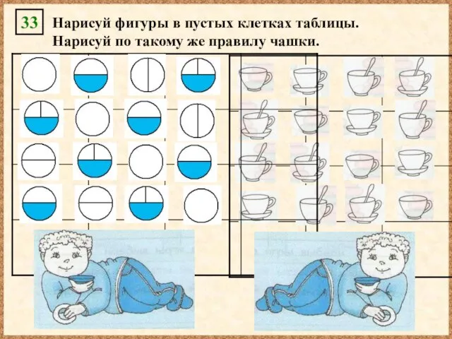 Нарисуй фигуры в пустых клетках таблицы. Нарисуй по такому же правилу чашки. 33