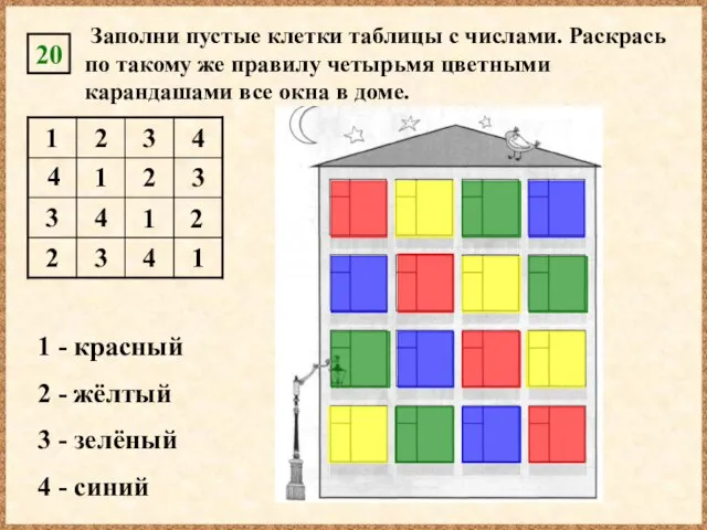 20 Заполни пустые клетки таблицы с числами. Раскрась по такому же