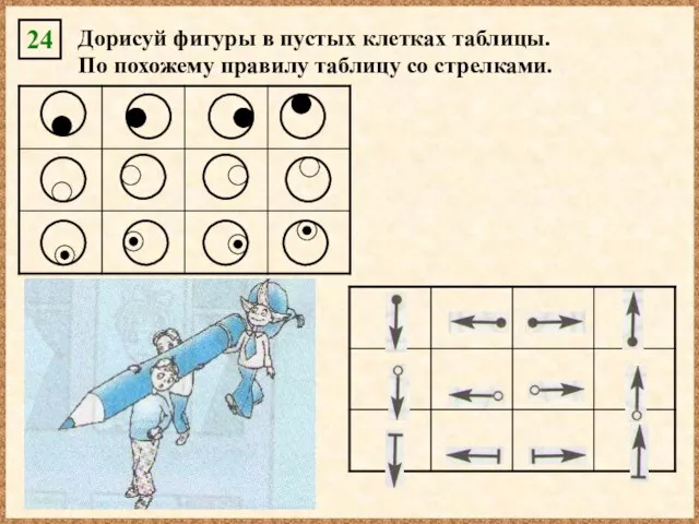 Дорисуй фигуры в пустых клетках таблицы. По похожему правилу таблицу со стрелками. 24