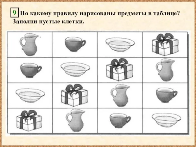 9 По какому правилу нарисованы предметы в таблице? Заполни пустые клетки.