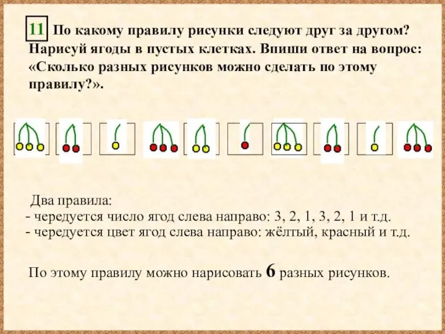 11 По какому правилу рисунки следуют друг за другом? Нарисуй ягоды