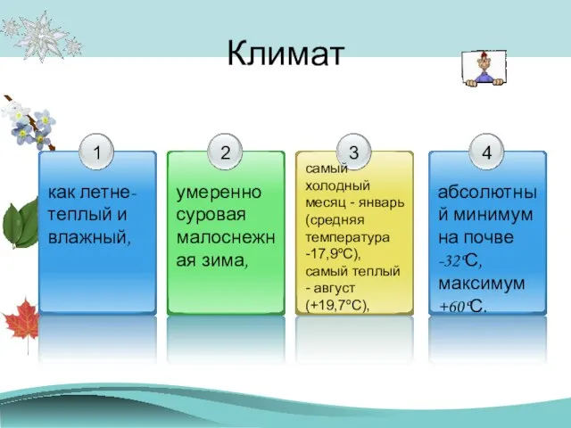 Климат самый холодный месяц - январь (средняя температура -17,9ºС), самый теплый - август (+19,7ºС),