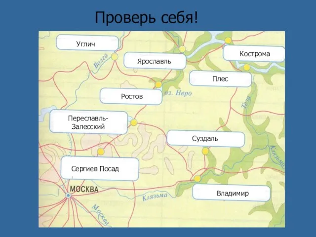 Проверь себя! Сергиев Посад Сергиев Посад Переславль-Залесский Ростов Владимир Суздаль Плес Кострома Ярославль Углич