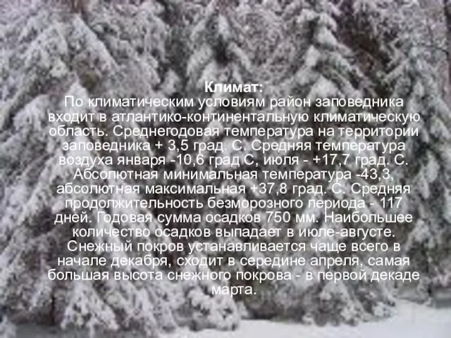 Климат: По климатическим условиям район заповедника входит в атлантико-континентальную климатическую область.