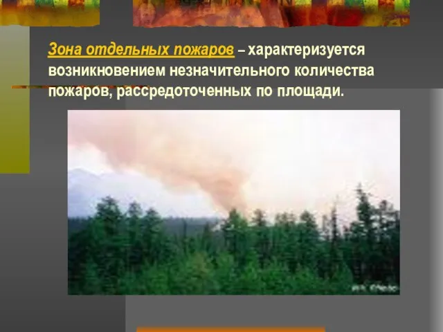 Зона отдельных пожаров – характеризуется возникновением незначительного количества пожаров, рассредоточенных по площади.