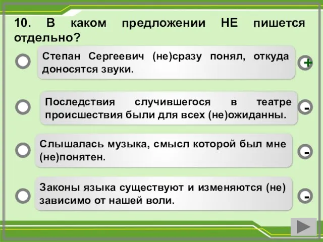 10. В каком предложении НЕ пишется отдельно? Степан Сергеевич (не)сразу понял,