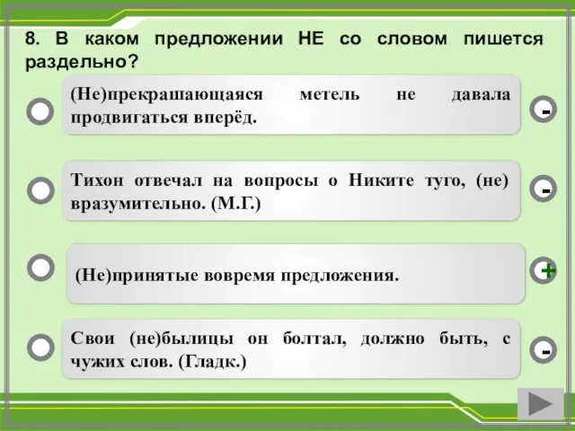 8. В каком предложении НЕ со словом пишется раздельно? (Не)принятые вовремя