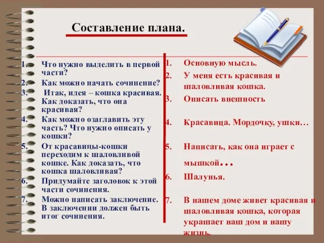 Основную мысль. У меня есть красивая и шаловливая кошка. Описать внешность