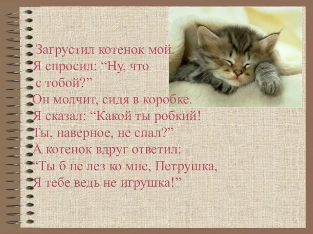 Загрустил котенок мой. Я спросил: “Ну, что с тобой?” Он молчит,