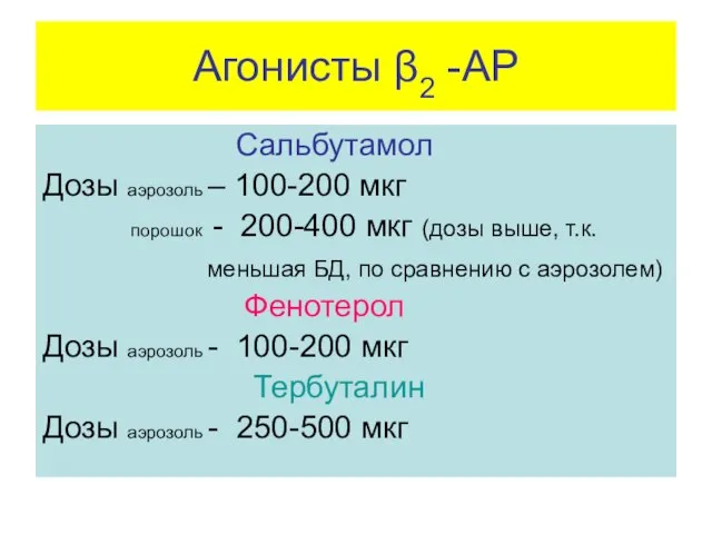 Агонисты β2 -АР Сальбутамол Дозы аэрозоль – 100-200 мкг порошок -