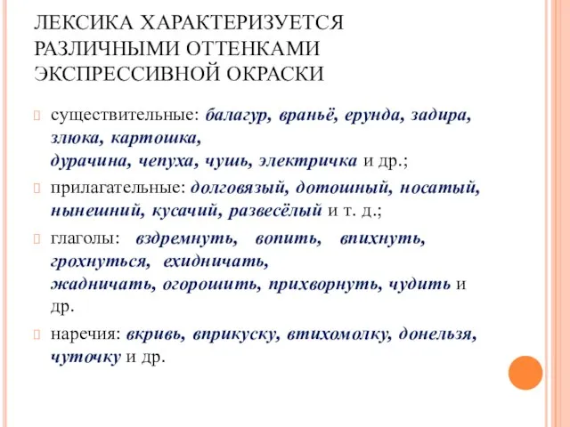 ЛЕКСИКА ХАРАКТЕРИЗУЕТСЯ РАЗЛИЧНЫМИ ОТТЕНКАМИ ЭКСПРЕССИВНОЙ ОКРАСКИ существительные: балагур, враньё, ерунда, задира,