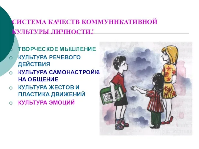 СИСТЕМА КАЧЕСТВ КОММУНИКАТИВНОЙ КУЛЬТУРЫ ЛИЧНОСТИ: ТВОРЧЕСКОЕ МЫШЛЕНИЕ КУЛЬТУРА РЕЧЕВОГО ДЕЙСТВИЯ КУЛЬТУРА