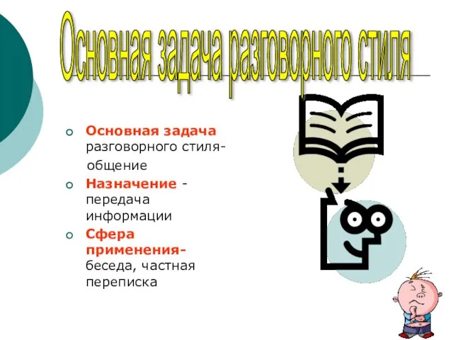 Основная задача разговорного стиля- общение Назначение - передача информации Сфера применения-