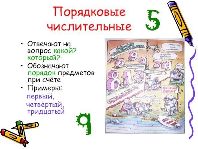 Порядковые числительные Отвечают на вопрос какой? который? Обозначают порядок предметов при счёте Примеры: первый, четвёртый, тридцатый