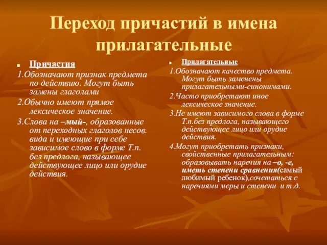 Переход причастий в имена прилагательные Причастия 1.Обозначают признак предмета по действию.