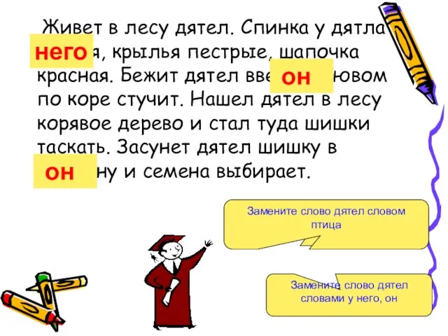 Живет в лесу дятел. Спинка у дятла черная, крылья пестрые, шапочка