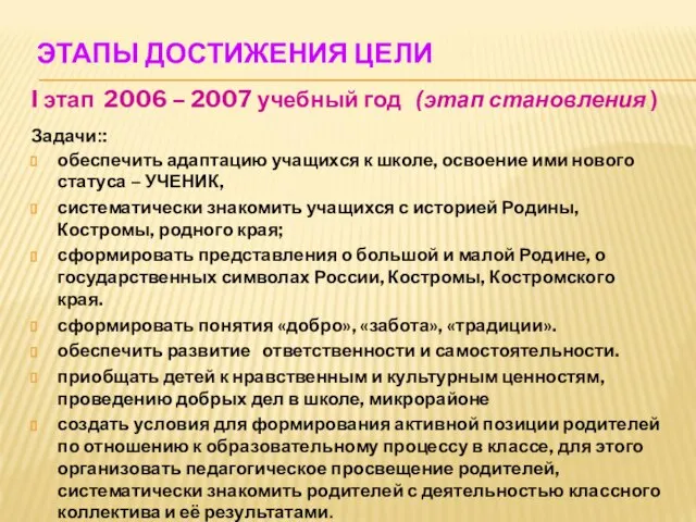 ЭТАПЫ ДОСТИЖЕНИЯ ЦЕЛИ I этап 2006 – 2007 учебный год (этап