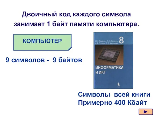 Двоичный код каждого символа занимает 1 байт памяти компьютера. КОМПЬЮТЕР 9