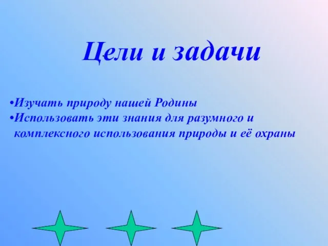 . Цели и задачи Изучать природу нашей Родины Использовать эти знания