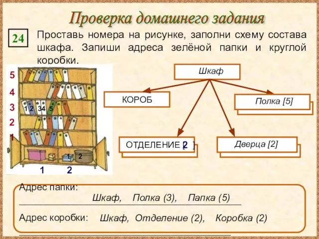 Проверка домашнего задания 24 Проставь номера на рисунке, заполни схему состава