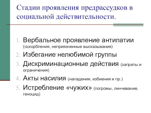 Стадии проявления предрассудков в социальной действительности. Вербальное проявление антипатии (оскорбления, неприязненные