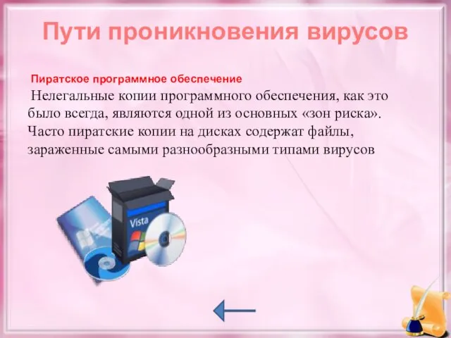 Пути проникновения вирусов Пиратское программное обеспечение Нелегальные копии программного обеспечения, как