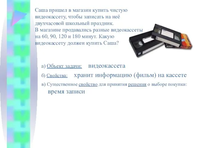 Саша пришел в магазин купить чистую видеокассету, чтобы записать на неё