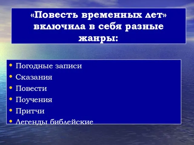 Погодные записи Сказания Повести Поучения Притчи Легенды библейские «Повесть временных лет» включила в себя разные жанры: