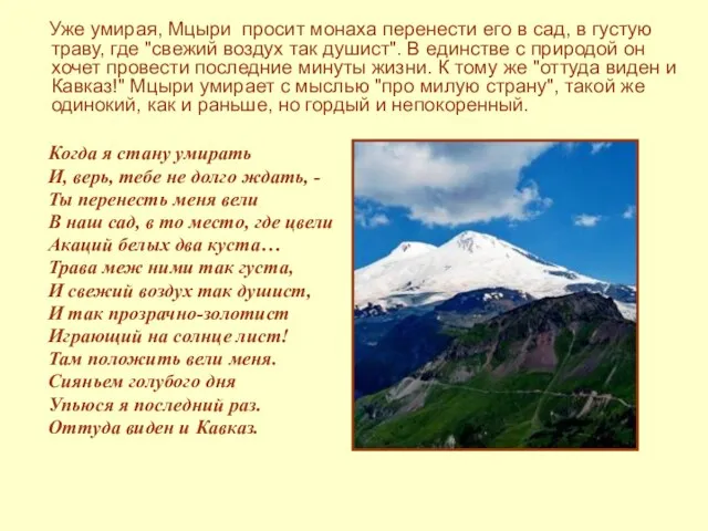 Уже умирая, Мцыри просит монаха перенести его в сад, в густую