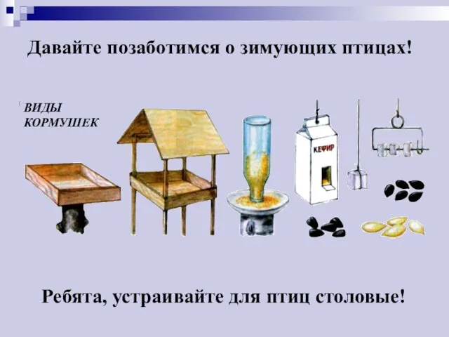 Давайте позаботимся о зимующих птицах! Ребята, устраивайте для птиц столовые! ВИДЫ КОРМУШЕК