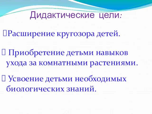 Дидактические цели: Расширение кругозора детей. Приобретение детьми навыков ухода за комнатными