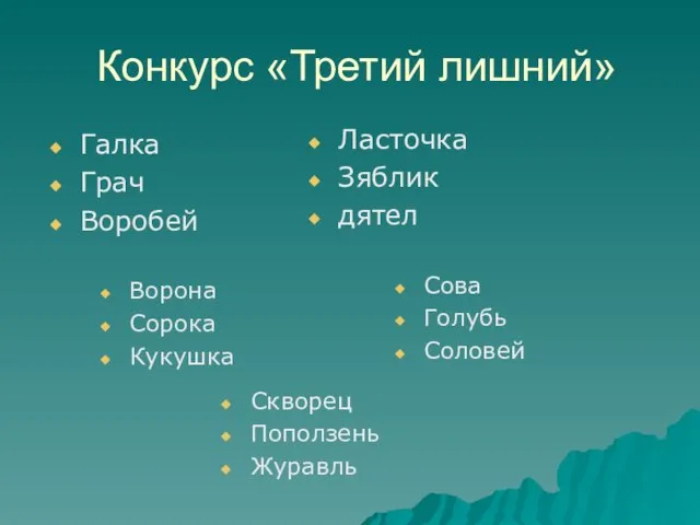 Конкурс «Третий лишний» Ворона Сорока Кукушка Галка Грач Воробей Ласточка Зяблик