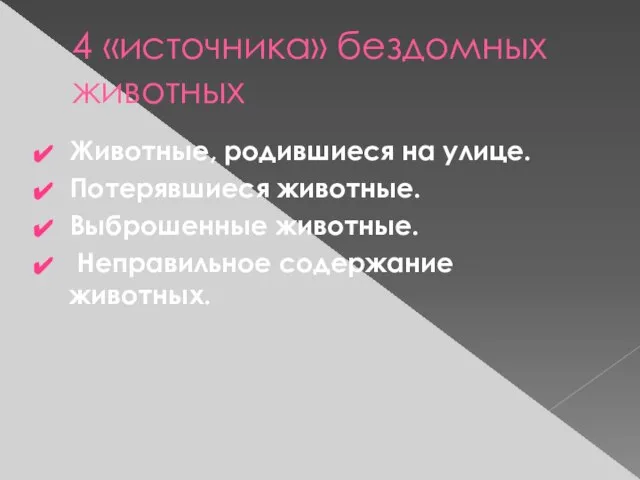 4 «источника» бездомных животных Животные, родившиеся на улице. Потерявшиеся животные. Выброшенные животные. Неправильное содержание животных.