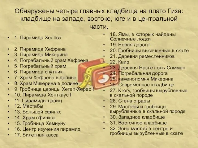 Обнаружены четыре главных кладбища на плато Гиза: кладбище на западе, востоке,