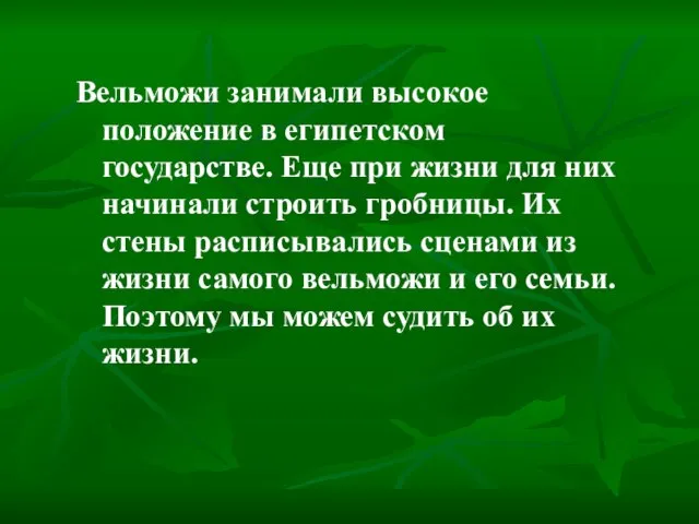 Вельможи занимали высокое положение в египетском государстве. Еще при жизни для