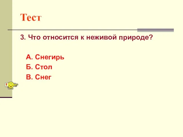 Тест 3. Что относится к неживой природе? А. Снегирь Б. Стол В. Снег