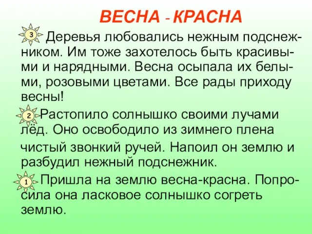 ВЕСНА - КРАСНА Деревья любовались нежным подснеж- ником. Им тоже захотелось