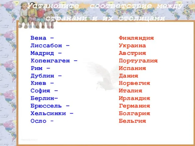 Установите соответствие между странами и их столицами Вена – Лиссабон –