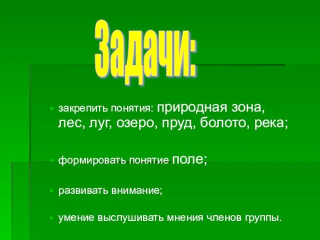 закрепить понятия: природная зона, лес, луг, озеро, пруд, болото, река; формировать