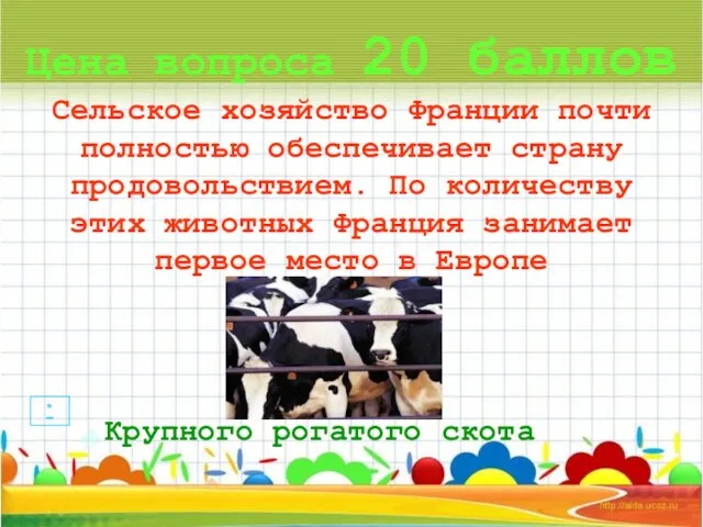 Цена вопроса 20 баллов Сельское хозяйство Франции почти полностью обеспечивает страну